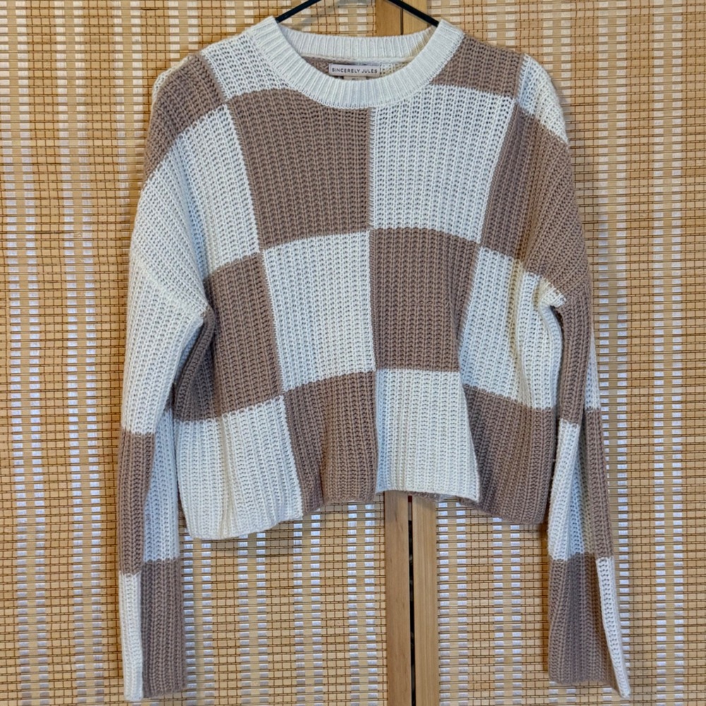 Sincerely Jules Checkerboard Knit Sweater Tan Cream Small Cropped Preppy Boho